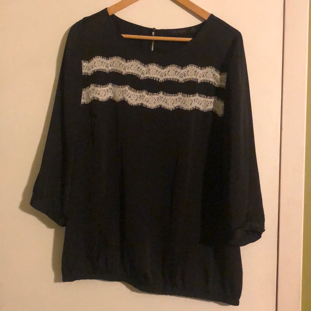 The Limited black blouse w/ white lace stripes XL